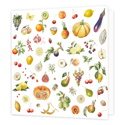 Fruit - Formaat: Normaal - Vorm: Vierkant - Blanco kaart - Op deze wenskaart staan diverse soorten fruit waaronder pompoenen, citroenen, aarbeien, kersen, kiwi's en peren. - Snelwenskaart