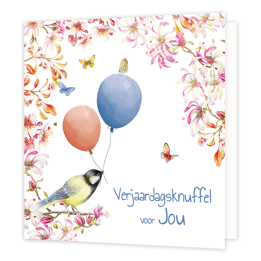 Verjaardagsknuffel voor jou - Formaat: Normaal - Vorm: Vierkant - Verjaardagskaart - Op deze wenskaart staat een vogel die twee ballonnen vast houdt met daaromheen bloemen. Rechts onderin staat de tekst: "Verjaardagsknuffel voor jou". - Snelwenskaart