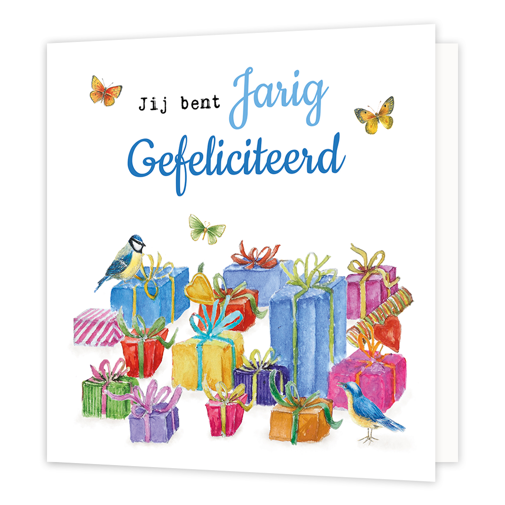 Jij bent jarig - Formaat: Normaal - Vorm: Vierkant - Verjaardagskaart - Op deze wenskaart staan cadeaus met een vogel en vlinders. Daarboven staat de tekst "Jij bent jarig gefeliciteerd". - Snelwenskaart