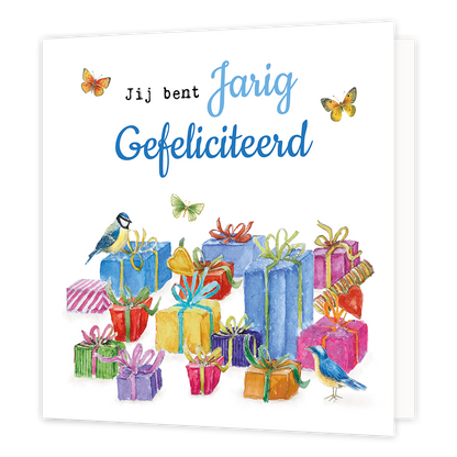Jij bent jarig - Formaat: Normaal - Vorm: Vierkant - Verjaardagskaart - Op deze wenskaart staan cadeaus met een vogel en vlinders. Daarboven staat de tekst "Jij bent jarig gefeliciteerd". - Snelwenskaart