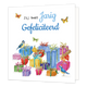 Jij bent jarig - Formaat: Normaal - Vorm: Vierkant - Verjaardagskaart - Op deze wenskaart staan cadeaus met een vogel en vlinders. Daarboven staat de tekst "Jij bent jarig gefeliciteerd". - Snelwenskaart