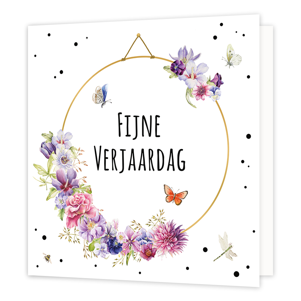 Fijne verjaardag - Formaat: Normaal - Vorm: Vierkant - Verjaardagskaart - Op deze wenskaart staat een grote gouden ring met bloemen erom heen en vlinders. In het midden staat de tekst: "Fijne verjaardag". - Snelwenskaart