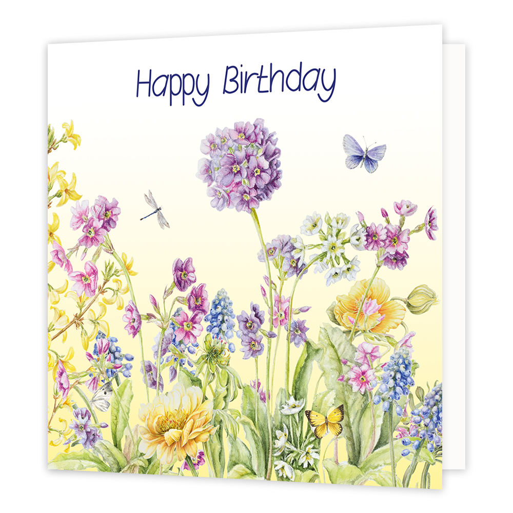 Happy birthday - Formaat: Normaal - Vorm: Vierkant - Verjaardagskaart - Op deze wenskaart staat een bloemenveld met de kleuren paars, geel, blauw en groen. Bovenaan staat de tekst: "Happy birthday". - Snelwenskaart