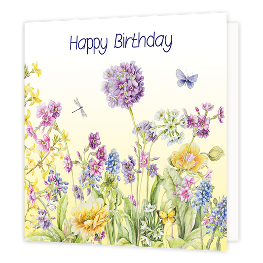 Happy birthday - Formaat: Normaal - Vorm: Vierkant - Verjaardagskaart - Op deze wenskaart staat een bloemenveld met de kleuren paars, geel, blauw en groen. Bovenaan staat de tekst: "Happy birthday". - Snelwenskaart