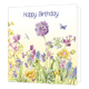 Happy birthday - Formaat: Standaard - Vorm: Vierkant - Verjaardagskaart - Op deze wenskaart staat een bloemenveld met de kleuren paars, geel, blauw en groen. Bovenaan staat de tekst: "Happy birthday". - Snelwenskaart