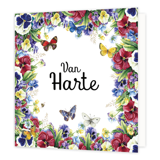 Van harte - Formaat: Normaal - Vorm: Vierkant - Felicitatiekaart - Op deze wenskaart staan bloemen in de kleuren paars, blauw, geel rood en groen. In staan vlinders en de tekst: "Van harte". - Snelwenskaart