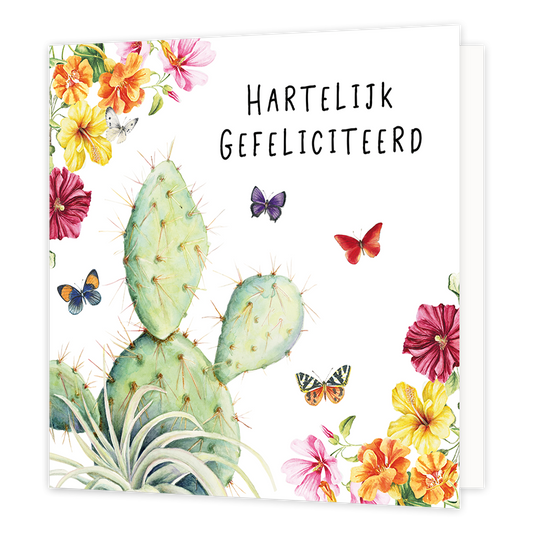 Hartelijk gefeliciteerd - Formaat: Normaal - Vorm: Vierkant - Felicitatiekaart - Op deze wenskaart staat een cactus met daar omheen bloemen en vlinders. Rechts bovenin staat de tekst: "Hartelijk gefeliciteerd". - Snelwenskaart