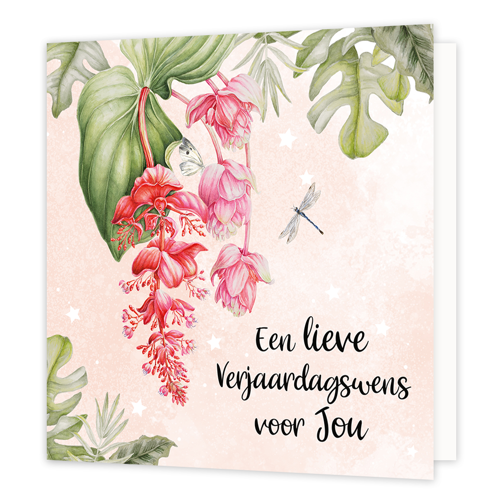 Een lieve verjaardagswens voor jou - Formaat: Normaal - Vorm: Vierkant - Verjaardagskaart - Op deze wenskaart staan bloemen in de kleuren rood, roze en groen. Rechts onderin staat de tekst: "Een lieve verjaardagswens voor jou". - Snelwenskaart