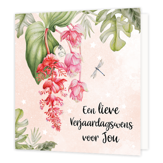 Een lieve verjaardagswens voor jou - Formaat: Normaal - Vorm: Vierkant - Verjaardagskaart - Op deze wenskaart staan bloemen in de kleuren rood, roze en groen. Rechts onderin staat de tekst: "Een lieve verjaardagswens voor jou". - Snelwenskaart
