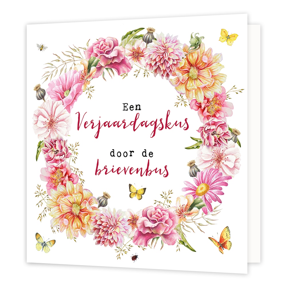 Een verjaardagskus door de brievenbus - Formaat: Normaal - Vorm: Vierkant - Verjaardagskaart - Op deze wenskaart staan bloemen in een cirkel in de kleuren roze, beige, oranje en geel. In het midden staat de tekst: "Een verjaardagskus door de brievenbus". - Snelwenskaart