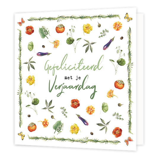 Gefeliciteerd met je verjaardag - Formaat: Normaal - Vorm: Vierkant - Verjaardagskaart - Op deze wenskaart staan vlinders, bloemen en groente in de kleuren rood, geel, oranje en paars. In het midden staat de tekst: "Gefeliciteerd met je verjaardag". - Snelwenskaart