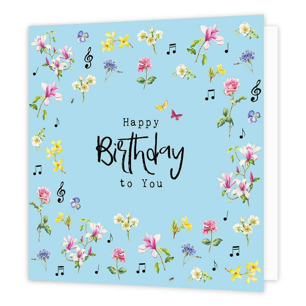 Happy birthday to you - Formaat: Normaal - Vorm: Vierkant - Verjaardagskaart - Op deze wenskaart staan bloemen in de kleuren geel, roze, wit, paars en groen, omringt door zwarte muzieknoten. In het midden staat de tekst: "Happy birthday to you". - Snelwenskaart