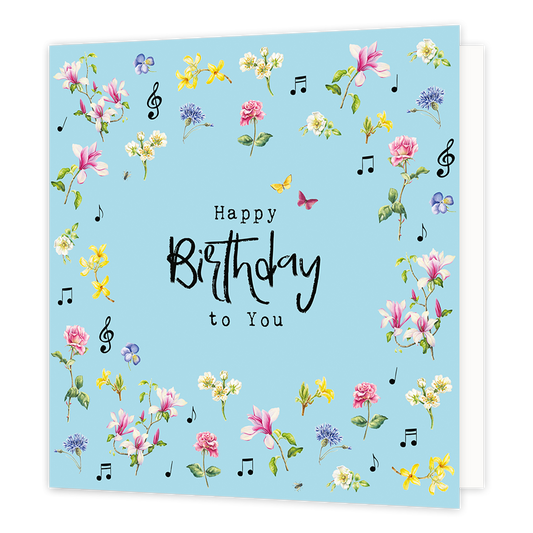 Happy birthday to you - Formaat: Normaal - Vorm: Vierkant - Verjaardagskaart - Op deze wenskaart staan bloemen in de kleuren geel, roze, wit, paars en groen, omringt door zwarte muzieknoten. In het midden staat de tekst: "Happy birthday to you". - Snelwenskaart