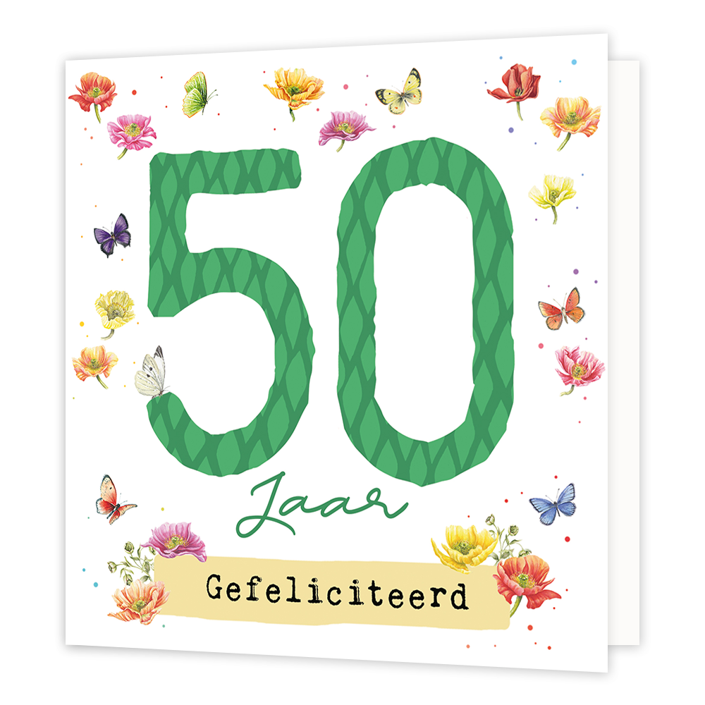 50 jaar - Formaat: Normaal - Vorm: Vierkant - Verjaardagskaart - Op deze wenskaart staan bloemen en vlinders in de kleuren rood, roze, geel en paars. In het midden staat de tekst: "50 jaar gefeliciteerd". - Snelwenskaart