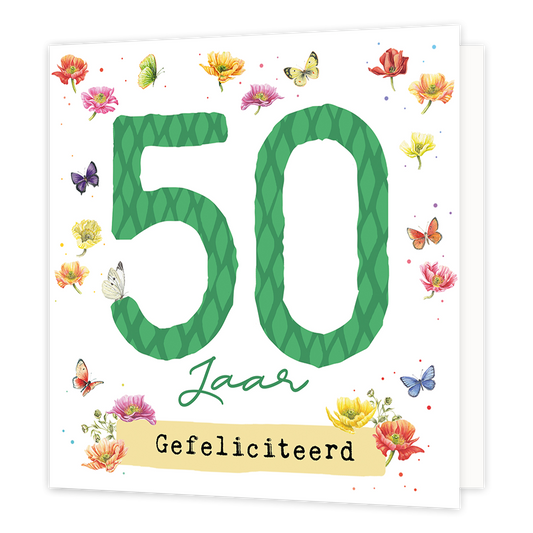 50 jaar - Formaat: Normaal - Vorm: Vierkant - Verjaardagskaart - Op deze wenskaart staan bloemen en vlinders in de kleuren rood, roze, geel en paars. In het midden staat de tekst: "50 jaar gefeliciteerd". - Snelwenskaart