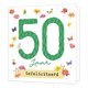 50 jaar - Formaat: Standaard - Vorm: Vierkant - Verjaardagskaart - Op deze wenskaart staan bloemen en vlinders in de kleuren rood, roze, geel en paars. In het midden staat de tekst: "50 jaar gefeliciteerd". - Snelwenskaart