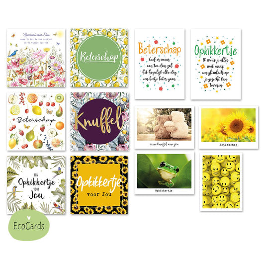 Wenskaartenset Ecocards beterschap - 12 stuks - Formaat: - Vorm: - Beterschapskaart - - Snelwenskaart