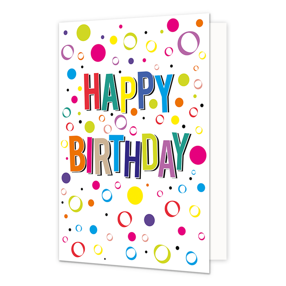 Happy birthday - Formaat: Normaal - Vorm: Staand - Verjaardagskaart - Op deze wenskaart staat de tekst "HAPPY BIRTHDAY" centraal in kleurrijke, verticale blokletters met een zwarte schaduw. De witte achtergrond van de kaart is rijkelijk versierd met een vrolijk patroon van stippen, open cirkels en ringen in diverse formaten en kleuren. De gebruikte kleuren voor zowel de tekst als de grafische elementen zijn onder andere rood, geel, blauw, groen, oranje en paars. - Snelwenskaart