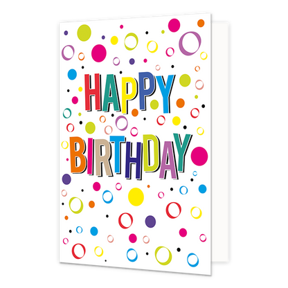 Happy birthday - Formaat: Normaal - Vorm: Staand - Verjaardagskaart - Op deze wenskaart staat de tekst "HAPPY BIRTHDAY" centraal in kleurrijke, verticale blokletters met een zwarte schaduw. De witte achtergrond van de kaart is rijkelijk versierd met een vrolijk patroon van stippen, open cirkels en ringen in diverse formaten en kleuren. De gebruikte kleuren voor zowel de tekst als de grafische elementen zijn onder andere rood, geel, blauw, groen, oranje en paars. - Snelwenskaart
