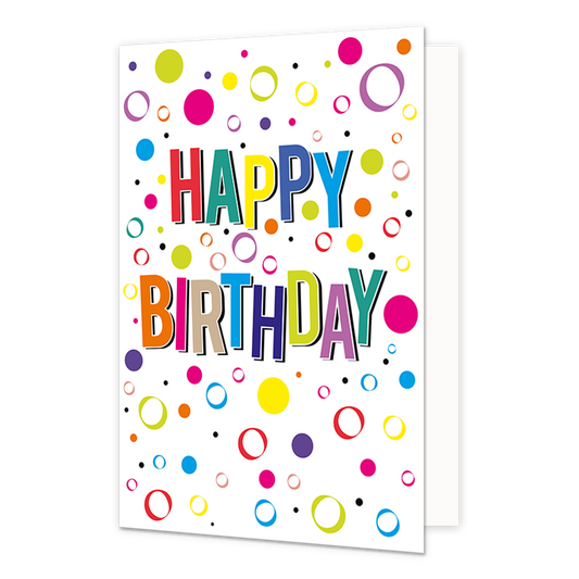 Happy birthday - Formaat: Normaal - Vorm: Staand - Verjaardagskaart - Op deze wenskaart staat de tekst "HAPPY BIRTHDAY" centraal in kleurrijke, verticale blokletters met een zwarte schaduw. De witte achtergrond van de kaart is rijkelijk versierd met een vrolijk patroon van stippen, open cirkels en ringen in diverse formaten en kleuren. De gebruikte kleuren voor zowel de tekst als de grafische elementen zijn onder andere rood, geel, blauw, groen, oranje en paars. - Snelwenskaart