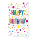 Happy birthday - Formaat: Normaal - Vorm: Staand - Verjaardagskaart - Op deze wenskaart staat de tekst "HAPPY BIRTHDAY" centraal in kleurrijke, verticale blokletters met een zwarte schaduw. De witte achtergrond van de kaart is rijkelijk versierd met een vrolijk patroon van stippen, open cirkels en ringen in diverse formaten en kleuren. De gebruikte kleuren voor zowel de tekst als de grafische elementen zijn onder andere rood, geel, blauw, groen, oranje en paars. - Snelwenskaart