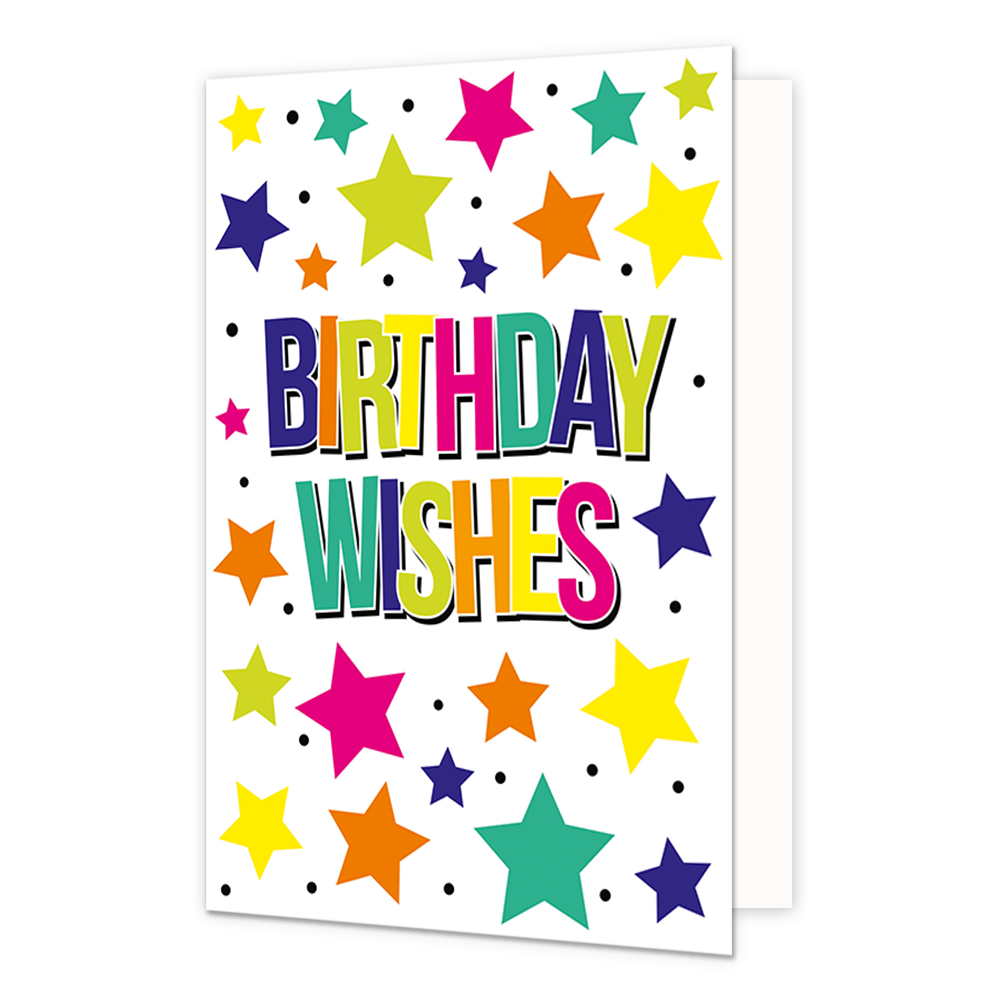 Birthday Wishes - Formaat: Normaal - Vorm: Staand - Verjaardagskaart - Op deze wenskaart staat de tekst "BIRTHDAY WISHES" centraal in grote, veelkleurige blokletters met een zwarte schaduwrand. De witte achtergrond van de kaart is rijkelijk versierd met een vrolijk patroon van sterren in diverse formaten en kleuren, zoals geel, roze, oranje, groen en blauw. Tussen de sterren door zijn kleine zwarte stippen verspreid over de gehele voorzijde. - Snelwenskaart