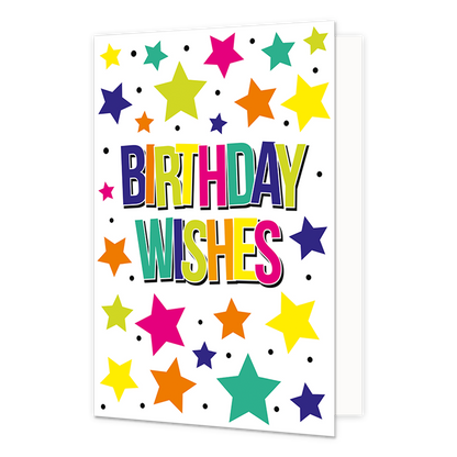 Birthday Wishes - Formaat: Normaal - Vorm: Staand - Verjaardagskaart - Op deze wenskaart staat de tekst "BIRTHDAY WISHES" centraal in grote, veelkleurige blokletters met een zwarte schaduwrand. De witte achtergrond van de kaart is rijkelijk versierd met een vrolijk patroon van sterren in diverse formaten en kleuren, zoals geel, roze, oranje, groen en blauw. Tussen de sterren door zijn kleine zwarte stippen verspreid over de gehele voorzijde. - Snelwenskaart