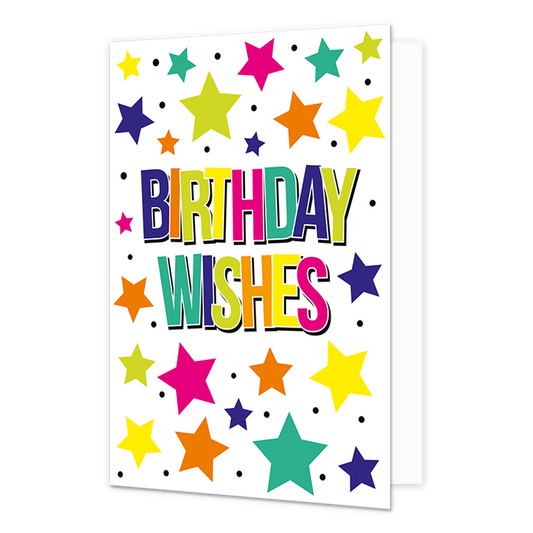 Birthday Wishes - Formaat: Normaal - Vorm: Staand - Verjaardagskaart - Op deze wenskaart staat de tekst "BIRTHDAY WISHES" centraal in grote, veelkleurige blokletters met een zwarte schaduwrand. De witte achtergrond van de kaart is rijkelijk versierd met een vrolijk patroon van sterren in diverse formaten en kleuren, zoals geel, roze, oranje, groen en blauw. Tussen de sterren door zijn kleine zwarte stippen verspreid over de gehele voorzijde. - Snelwenskaart