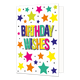 Birthday Wishes - Formaat: Standaard - Vorm: Staand - Verjaardagskaart - Op deze wenskaart staat de tekst "BIRTHDAY WISHES" centraal in grote, veelkleurige blokletters met een zwarte schaduwrand. De witte achtergrond van de kaart is rijkelijk versierd met een vrolijk patroon van sterren in diverse formaten en kleuren, zoals geel, roze, oranje, groen en blauw. Tussen de sterren door zijn kleine zwarte stippen verspreid over de gehele voorzijde. - Snelwenskaart