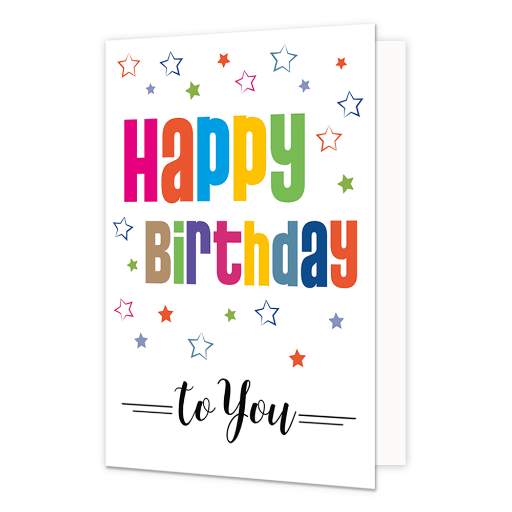 Happy Birthday to you - Formaat: Normaal - Vorm: Staand - Verjaardagskaart - Op deze wenskaart staan sterren in de kleuren blauw, groen, roze, rood en oranje. In de illustratie staat de tekst: "Happy birthday to you". - Snelwenskaart