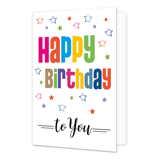 Op deze wenskaart staan sterren in de kleuren blauw, groen, roze, rood en oranje. In de illustratie staat de tekst: "Happy birthday to you".