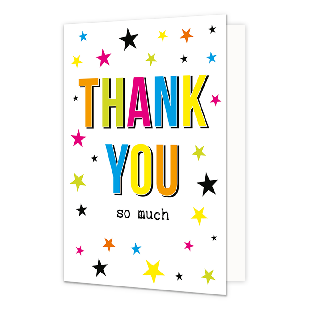 Thank you so much - Formaat: Normaal - Vorm: Staand - Bedankkaart - Op deze wenskaart staan sterren in de kleuren zwart, roze, geel, blauw, groen en oranje. In het midden staat de tekst: "Thank you so much". - Snelwenskaart