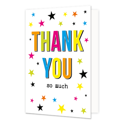Thank you so much - Formaat: Normaal - Vorm: Staand - Bedankkaart - Op deze wenskaart staan sterren in de kleuren zwart, roze, geel, blauw, groen en oranje. In het midden staat de tekst: "Thank you so much". - Snelwenskaart