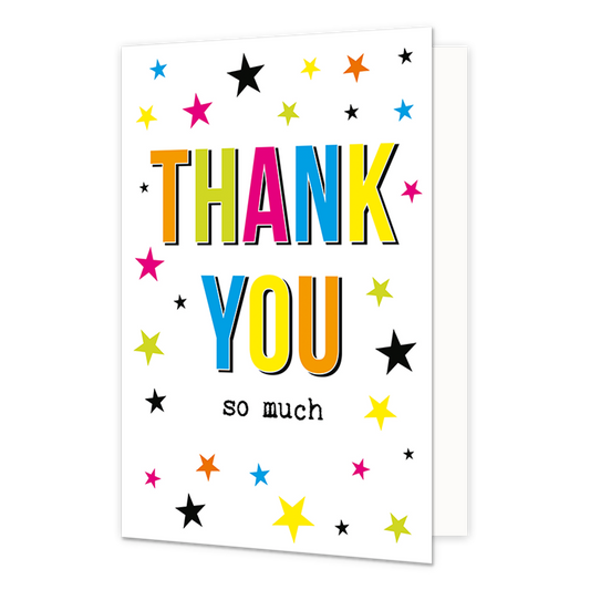 Thank you so much - Formaat: Normaal - Vorm: Staand - Bedankkaart - Op deze wenskaart staan sterren in de kleuren zwart, roze, geel, blauw, groen en oranje. In het midden staat de tekst: "Thank you so much". - Snelwenskaart