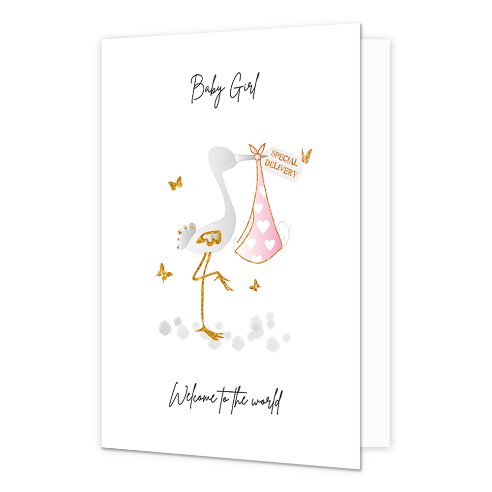 Babygirl welcome to the world - Formaat: Normaal - Vorm: Staand - Geboortekaart - Op deze wenskaart staat een ooievaar die een baby in een roze deken vasthoud met de tekst: "Baby Girl welcome to the world". - Snelwenskaart