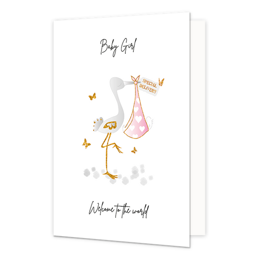 Babygirl welcome to the world - Formaat: Normaal - Vorm: Staand - Geboortekaart - Op deze wenskaart staat een ooievaar die een baby in een roze deken vasthoud met de tekst: "Baby Girl welcome to the world". - Snelwenskaart
