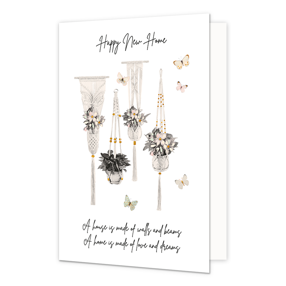 Happy new home - Formaat: Normaal - Vorm: Staand - Woningkaart - Op deze wenskaart staan bloemen en vlinders in de kkleuren geel, roze, wit, beige, groen en grijs. In de illustratie staan de teksten: "Happy New Home" en "A house is made of walls and beams. A home is made of love and dreams". - Snelwenskaart