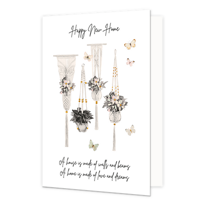 Happy new home - Formaat: Normaal - Vorm: Staand - Woningkaart - Op deze wenskaart staan bloemen en vlinders in de kkleuren geel, roze, wit, beige, groen en grijs. In de illustratie staan de teksten: "Happy New Home" en "A house is made of walls and beams. A home is made of love and dreams". - Snelwenskaart