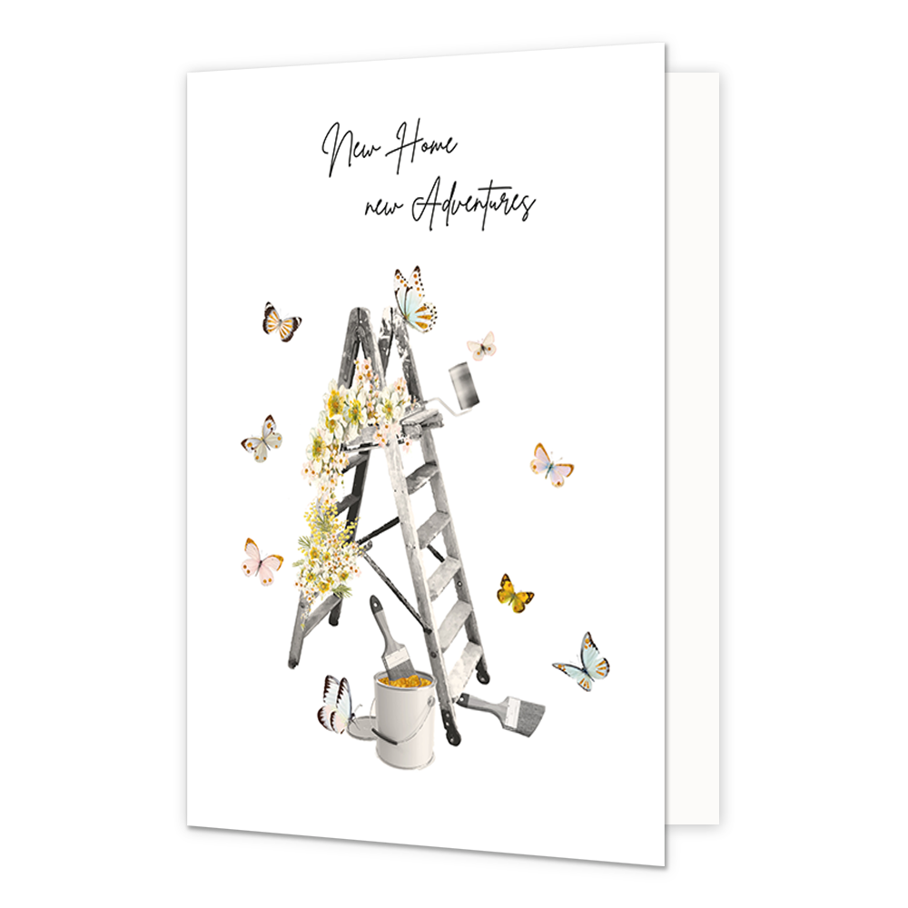 New home new adventures - Formaat: Normaal - Vorm: Staand - Woningkaart - Op deze wenskaart staan vlinders die rondom een trap en een verfpot met kwasten vladderen. Boven de illustratie staat de tekst: "New home new adventures". - Snelwenskaart