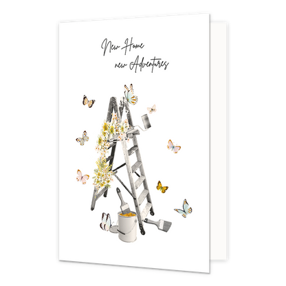 New home new adventures - Formaat: Normaal - Vorm: Staand - Woningkaart - Op deze wenskaart staan vlinders die rondom een trap en een verfpot met kwasten vladderen. Boven de illustratie staat de tekst: "New home new adventures". - Snelwenskaart
