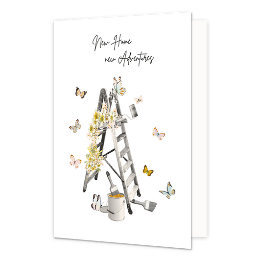 New home new adventures - Formaat: Normaal - Vorm: Staand - Woningkaart - Op deze wenskaart staan vlinders die rondom een trap en een verfpot met kwasten vladderen. Boven de illustratie staat de tekst: "New home new adventures". - Snelwenskaart