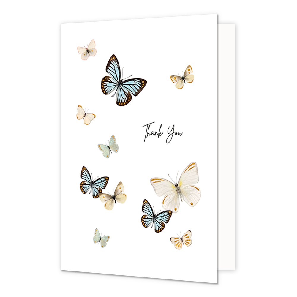 Thank you - Formaat: Normaal - Vorm: Staand - Bedankkaart - Op deze wenskaart staan vlinders in de kleuren blauw, groen en beige met in het midden de tekst: "Thank you". - Snelwenskaart