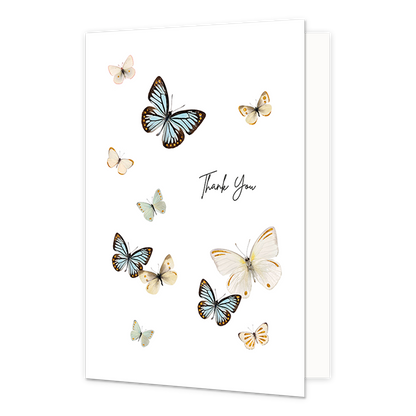 Thank you - Formaat: Normaal - Vorm: Staand - Bedankkaart - Op deze wenskaart staan vlinders in de kleuren blauw, groen en beige met in het midden de tekst: "Thank you". - Snelwenskaart