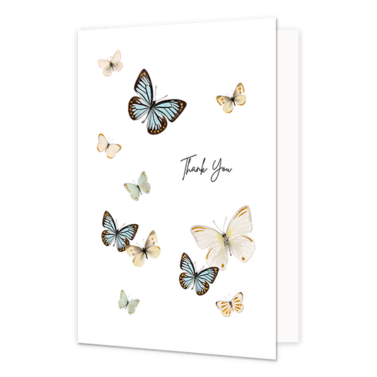 Thank you - Formaat: Normaal - Vorm: Staand - Bedankkaart - Op deze wenskaart staan vlinders in de kleuren blauw, groen en beige met in het midden de tekst: "Thank you". - Snelwenskaart