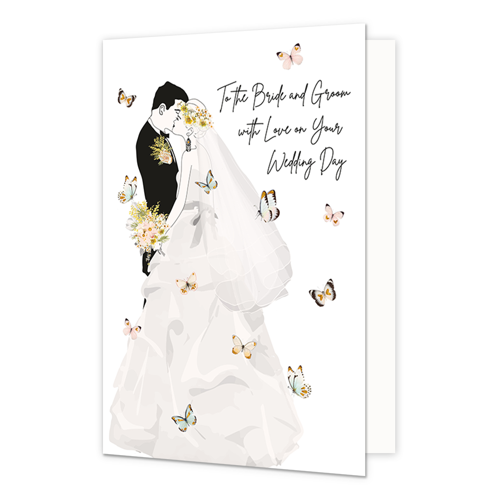 To the bride and groom - Formaat: Normaal - Vorm: Staand - Huwelijkskaart - Op deze wenskaart staat een bruidspaar met daaromheen vlinders. Naast het bruidspaar staat de tekst: "To the bride and groom with love on your wedding day". - Snelwenskaart