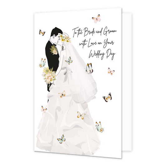 To the bride and groom - Formaat: Normaal - Vorm: Staand - Huwelijkskaart - Op deze wenskaart staat een bruidspaar met daaromheen vlinders. Naast het bruidspaar staat de tekst: "To the bride and groom with love on your wedding day". - Snelwenskaart