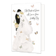 To the bride and groom - Formaat: Standaard - Vorm: Staand - Huwelijkskaart - Op deze wenskaart staat een bruidspaar met daaromheen vlinders. Naast het bruidspaar staat de tekst: "To the bride and groom with love on your wedding day". - Snelwenskaart