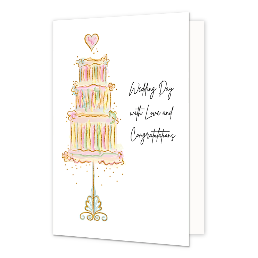 Wedding day with love and congratulations - Formaat: Standaard - Vorm: Staand - Huwelijkskaart - Op deze wenskaart staat een in waterverfstijl afgebeelde drielaagse bruidstaart op een gedecoreerde standaard, bekroond met een hartje. De taart is uitgevoerd in zachte pastelkleuren en geaccentueerd met gouden lijnen en spikkels. Aan de rechterzijde staat de zwarte tekst: "Wedding Day with Love and Congratulations". - Snelwenskaart