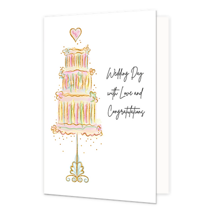 Wedding day with love and congratulations - Formaat: Standaard - Vorm: Staand - Huwelijkskaart - Op deze wenskaart staat een in waterverfstijl afgebeelde drielaagse bruidstaart op een gedecoreerde standaard, bekroond met een hartje. De taart is uitgevoerd in zachte pastelkleuren en geaccentueerd met gouden lijnen en spikkels. Aan de rechterzijde staat de zwarte tekst: "Wedding Day with Love and Congratulations". - Snelwenskaart