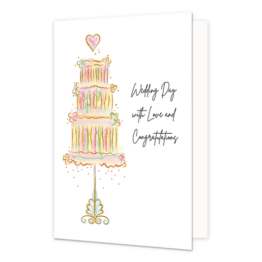 Wedding day with love and congratulations - Formaat: Standaard - Vorm: Staand - Huwelijkskaart - Op deze wenskaart staat een in waterverfstijl afgebeelde drielaagse bruidstaart op een gedecoreerde standaard, bekroond met een hartje. De taart is uitgevoerd in zachte pastelkleuren en geaccentueerd met gouden lijnen en spikkels. Aan de rechterzijde staat de zwarte tekst: "Wedding Day with Love and Congratulations". - Snelwenskaart
